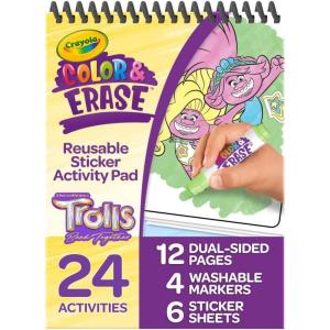 Crayola Trolls Color & Erase Sticker Activity Pad, 12 Reusable Trolls Coloring Pages & 100 Stickers, Gift(Color & Erase)