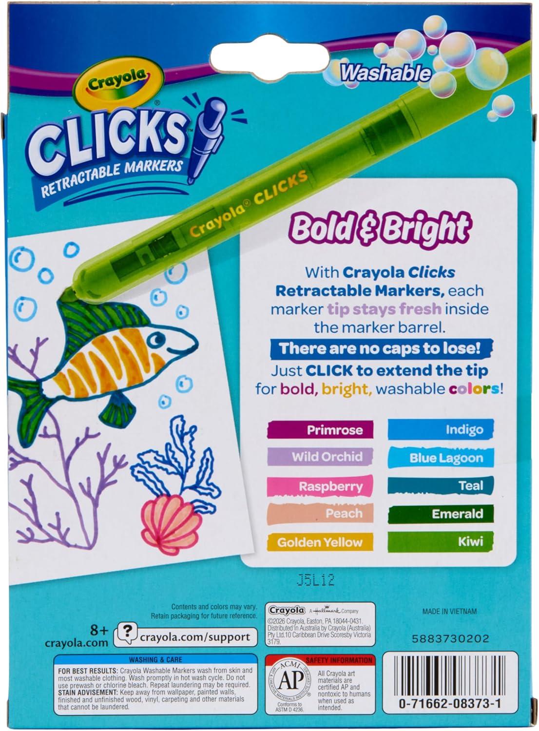 imageCrayola Clicks Retractable Tip Markers 10ct Stocking Stuffers for Kids ampamp Toddlers Cone Tip Washable Art Marker Set Coloring Book Supplies No Dry 3Bold Bright