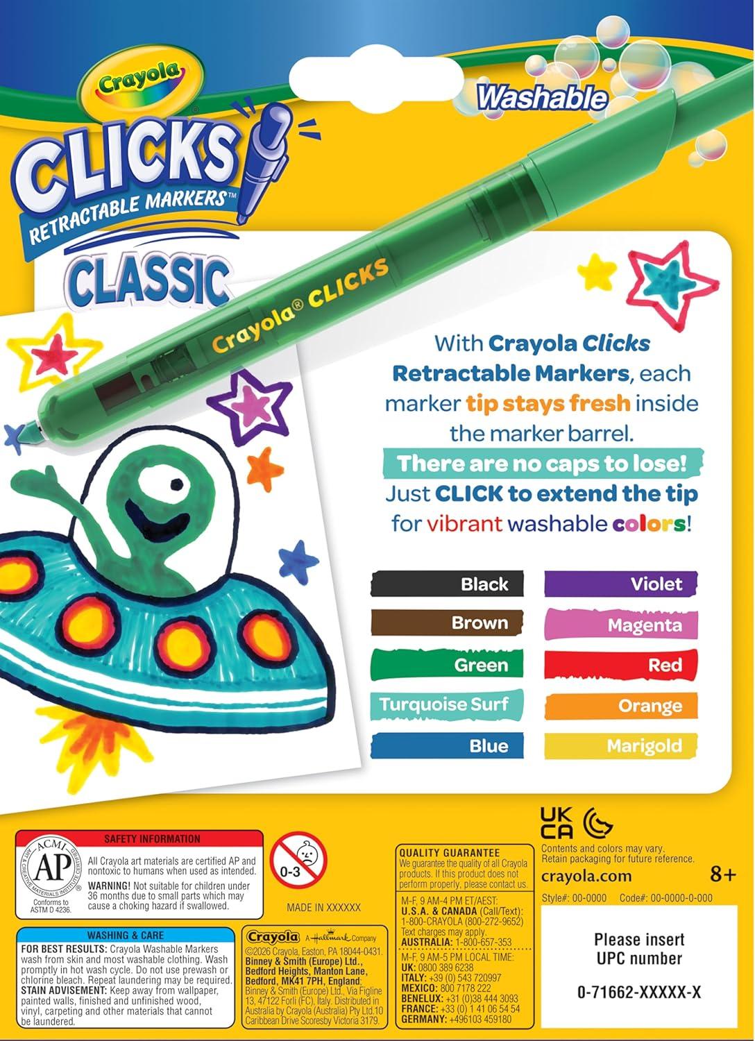 imageCrayola Clicks Retractable Tip Markers 10ct Stocking Stuffers for Kids ampamp Toddlers Cone Tip Washable Art Marker Set Coloring Book Supplies No Dry 3Classics
