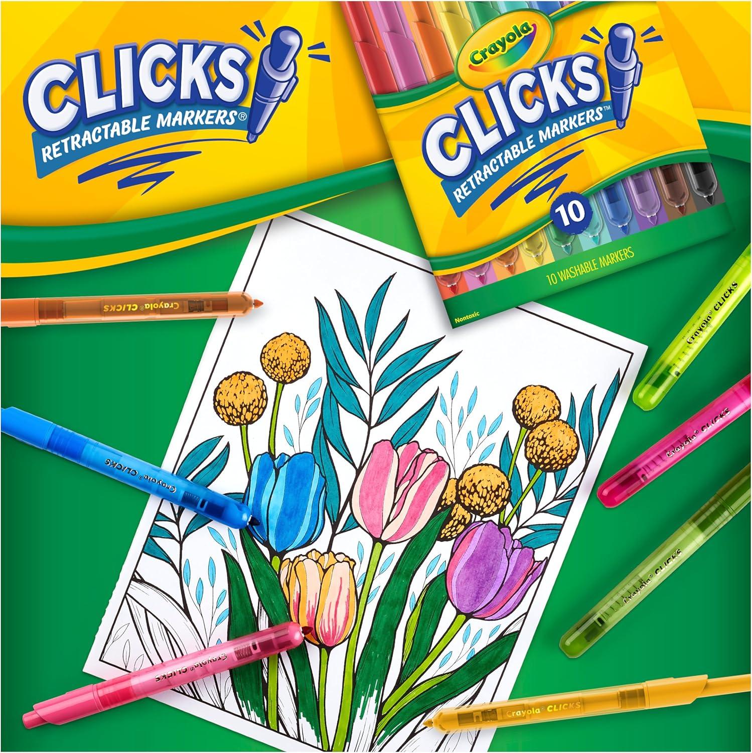 imageCrayola Clicks Retractable Tip Markers 10ct Stocking Stuffers for Kids ampamp Toddlers Cone Tip Washable Art Marker Set Coloring Book Supplies No Dry 3Classics