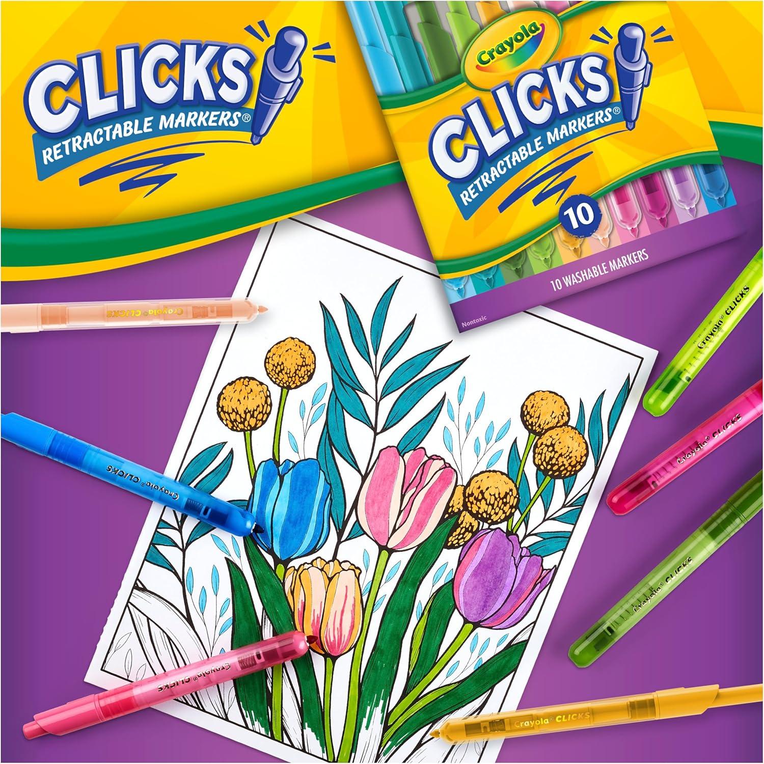 imageCrayola Clicks Retractable Tip Markers 10ct Stocking Stuffers for Kids ampamp Toddlers Cone Tip Washable Art Marker Set Coloring Book Supplies No Dry 3Bold Bright