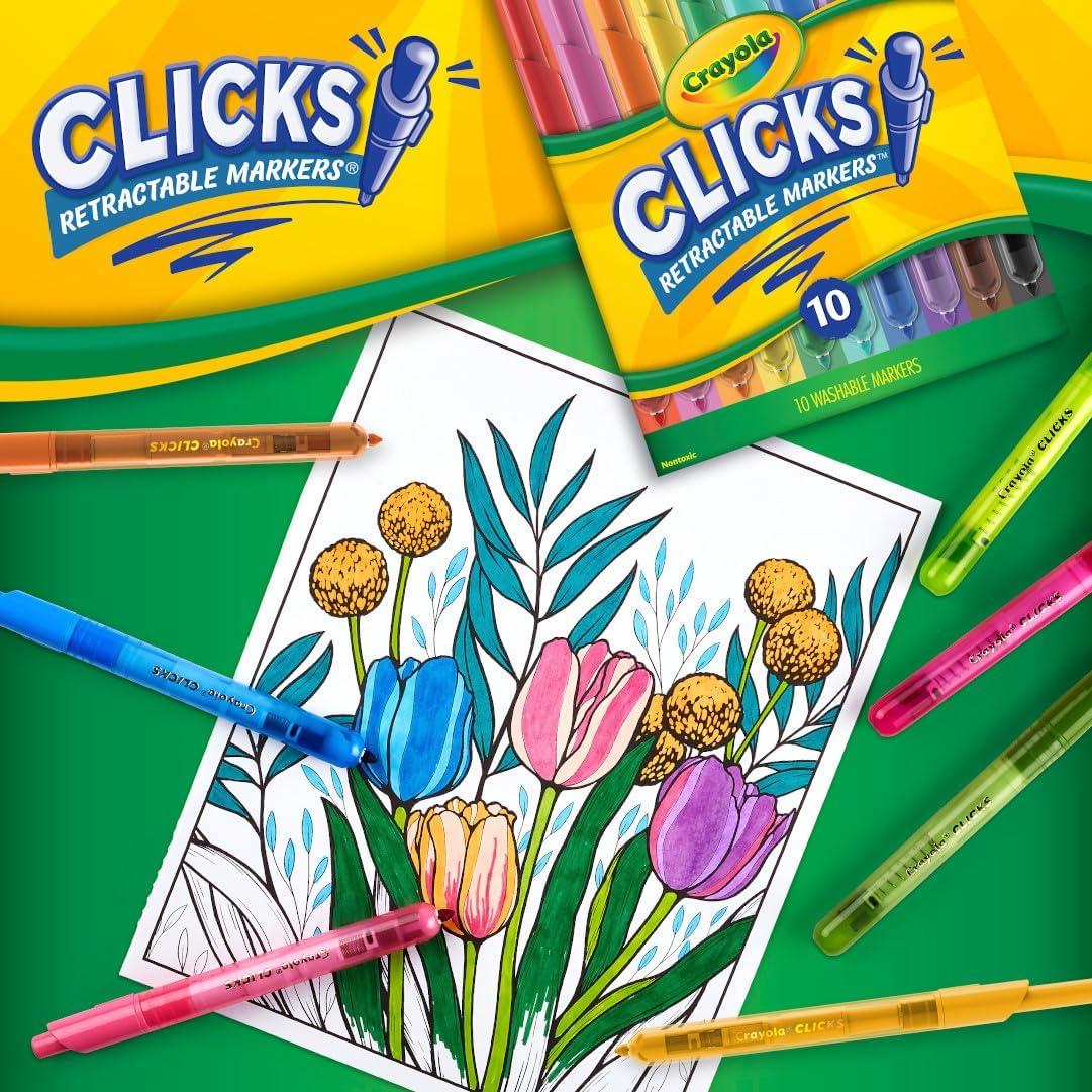 imageCrayola Clicks Retractable Tip Markers 10ct Stocking Stuffers for Kids ampamp Toddlers Cone Tip Washable Art Marker Set Coloring Book Supplies No Dry 3Classics