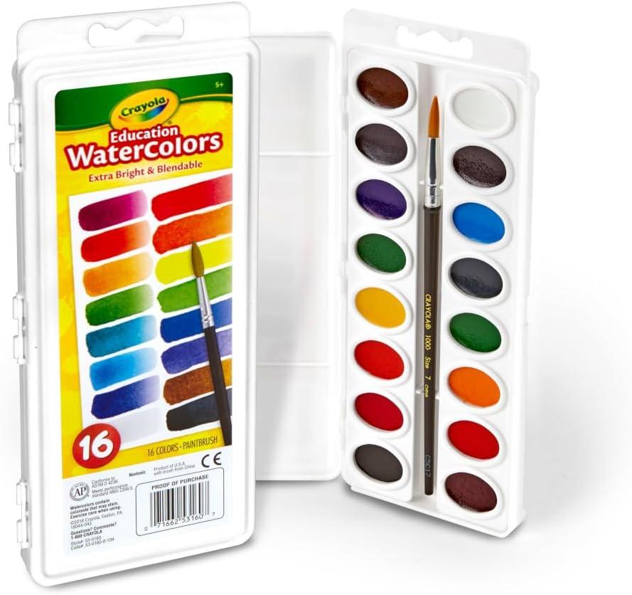 imageCrayola Watercolor Paint Set 16 Count Washable Paint for Kids 1 Paint Brush Arts ampamp Crafts Supplies Assorted Colors Ages 4