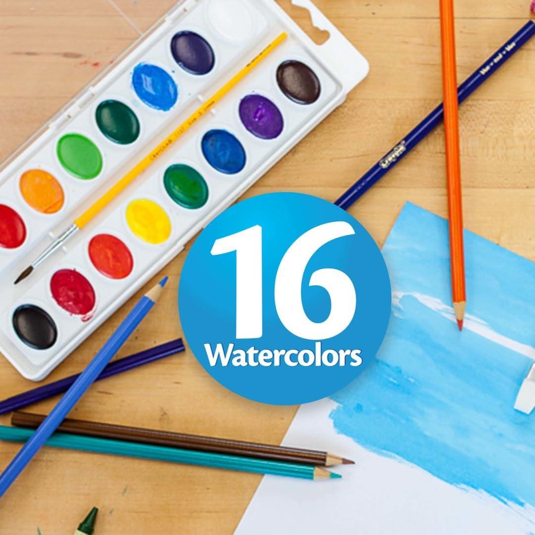 imageCrayola Watercolor Paint Set 16 Count Washable Paint for Kids 1 Paint Brush Arts ampamp Crafts Supplies Assorted Colors Ages 4