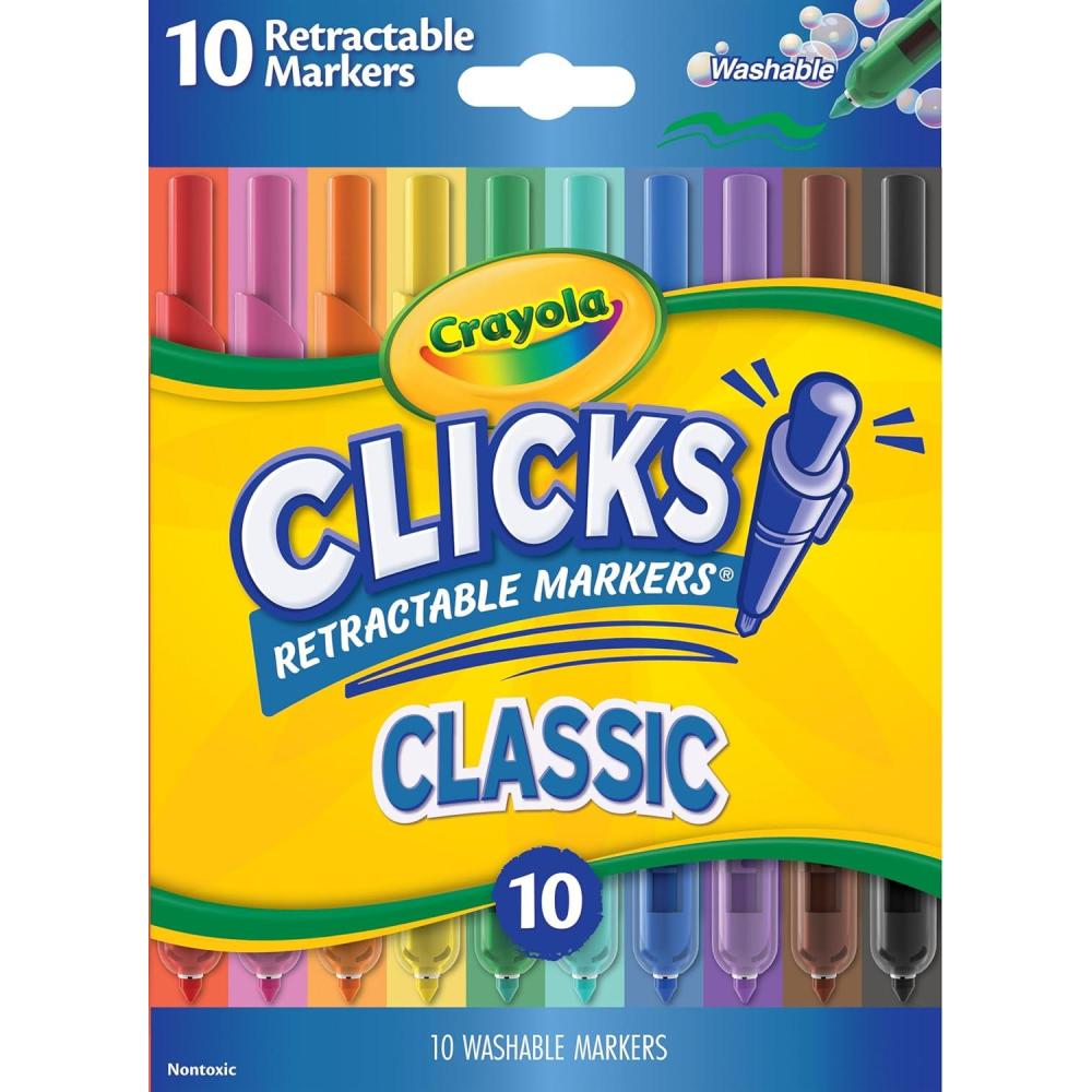 imageCrayola Clicks Retractable Tip Markers 10ct Stocking Stuffers for Kids ampamp Toddlers Cone Tip Washable Art Marker Set Coloring Book Supplies No Dry 3Classics