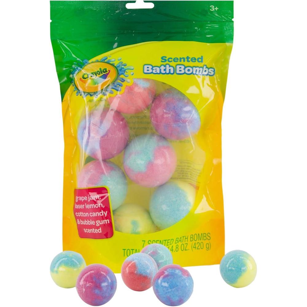imageCrayola Colorful Scented Bath Bombs for Kids Color You Bath NonToxic Bathbomb Fizzies for Boys Girls Holiday Stocking Stuffer Grape Jam Laser Lemon Cotton Candy ampamp Bubble Gum Scents7 Count Pack of 1