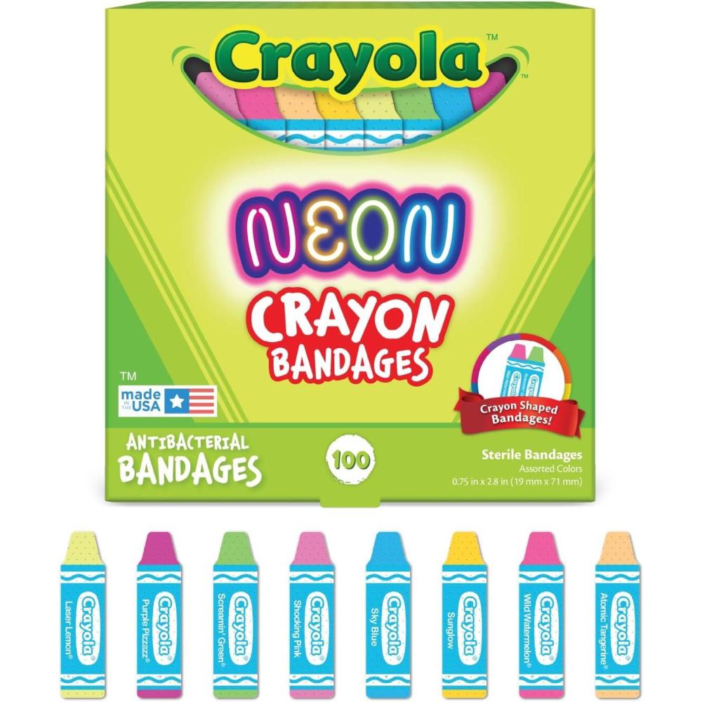 imageCrayola Shaped Neon Antibacterial Bandages for Kids 100 CT  Adhesive Bandages for Minor Cuts Scrapes ampamp Burns Great Stocking Stuffer or White Elephant Gift