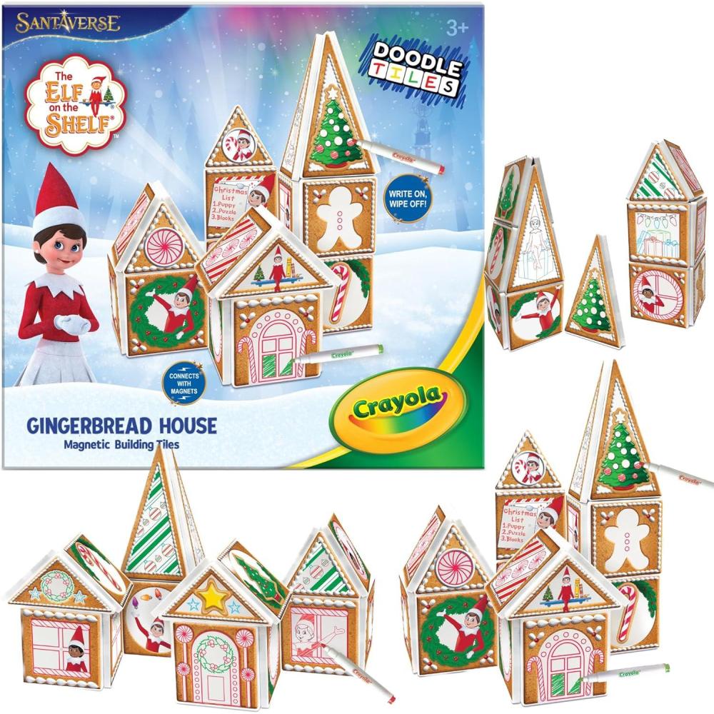imageCreateOn Crayola Elf on The Shelf Gingerbread House  Magnetic Building Tiles Kit with Crayola Markers Christmas Holiday Craft Toy 33Piece Magnetic Construction ampamp Coloring Set for Kids Ages 3