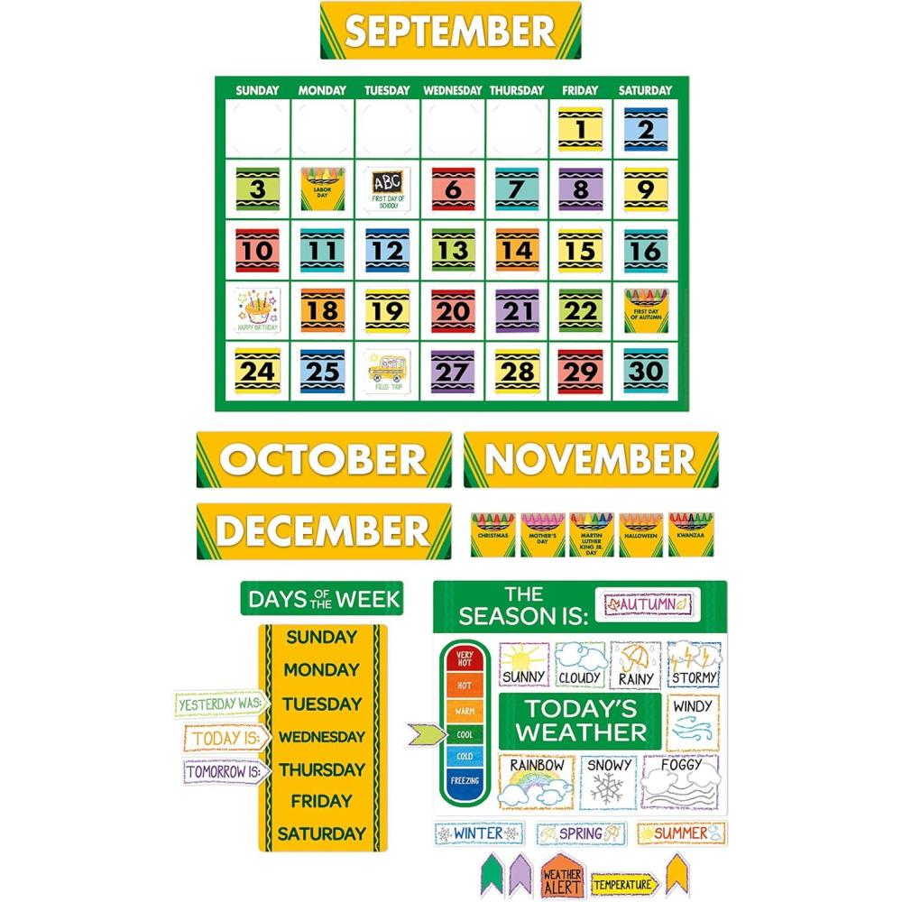 imageEureka Crayola Colors and Shapes Classroom Calendar Bulletin Board Set for Teachers 28 Pieces