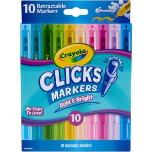 Crayola Clicks Retractable Tip Markers (10ct), Stocking Stuffers for Kids & Toddlers, Cone Tip Washable Art Marker Set, Coloring Book Supplies, No Dry, 3+(Bold & Bright)