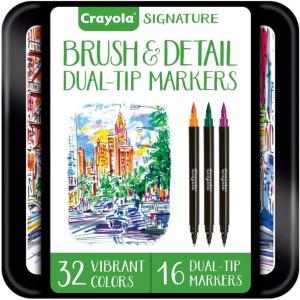 Crayola Sketch & Detail Dual-Tip Markers (16ct), Adult Coloring Set, 32 Colors, Fine & Brush Tip Art Markers, For Calligraphy & Drawing(Brush & Detail)