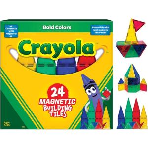 CreateOn Crayola Bold Magnetic Tiles, Building Set for Kids, Magnetic Tiles, Kids’ Building Toys, STEM and Montessori Toys for Boys and Girls Ages 3+, 24-Piece Set (Bold)(Bold)