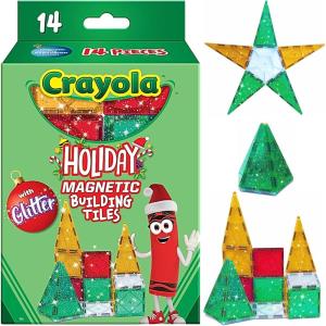 CreateOn Crayola Doodle Magnetic Tiles, Building Set for Kids, Magnetic Building Toys for Kids, STEM Travel Toys for Boys and Girls Ages 3+, 14-Piece Set (Doodle)(Holiday Glitter)