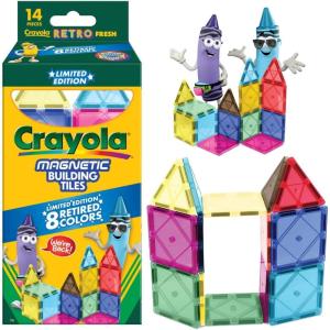 CreateOn Crayola Doodle Magnetic Tiles, Building Set for Kids, Magnetic Building Toys for Kids, STEM Travel Toys for Boys and Girls Ages 3+, 14-Piece Set (Doodle)(Retro)