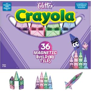 CreateOn Crayola Glitter Magnetic Tiles, Building Set for Kids, Magnetic Building Toys for Kids, STEM Easter Toys for Boys and Girls Ages 3 and Up, 36-Piece Set (Glitter)