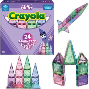 CreateOn Crayola Glitter Magnetic Tiles, Building Set for Kids, Magnetic Tiles, Kids’ Building Toys, STEM & Montessori Toys for Boys and Girls Ages 3+, 24-Piece Set (Glitter)(Glitter)