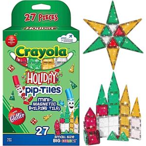 CreateOn Crayola Holiday Glitter Mini Micro Nano PIP Magnetic Tiles, Magnetic Kids’ Building Toys, STEM Learning Travel Toys for Boys and Girls, 27-Piece Set