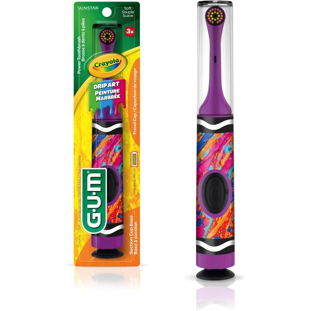 imageGUM Crayola Power Toothbrush for Kids Extra Soft Bristled Toddler Toothbrushes Travel Cap  Suction Cup Base Batteries Included 1 Count1 Count