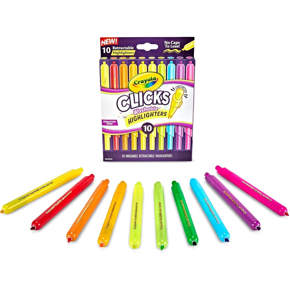 image:imageCrayola Clicks Retractable Highlighters 10ct UltraClean Washable Highlighter Set for Kids amp Adults Bold Colors No Dry School amp Office Supplies