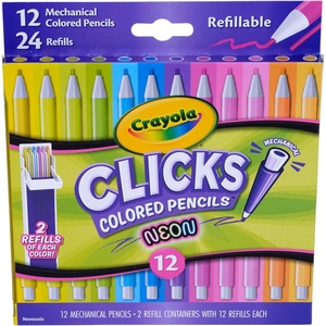 Crayola Clicks 2.0mm Mechanical Colored Pencil Set, Essential Easter Basket Stuffers, 12 Pastel Colors, Coloring Pencils for Kids, No Sharpen, 24 Replacement Cores, Ages 5+(Neon)